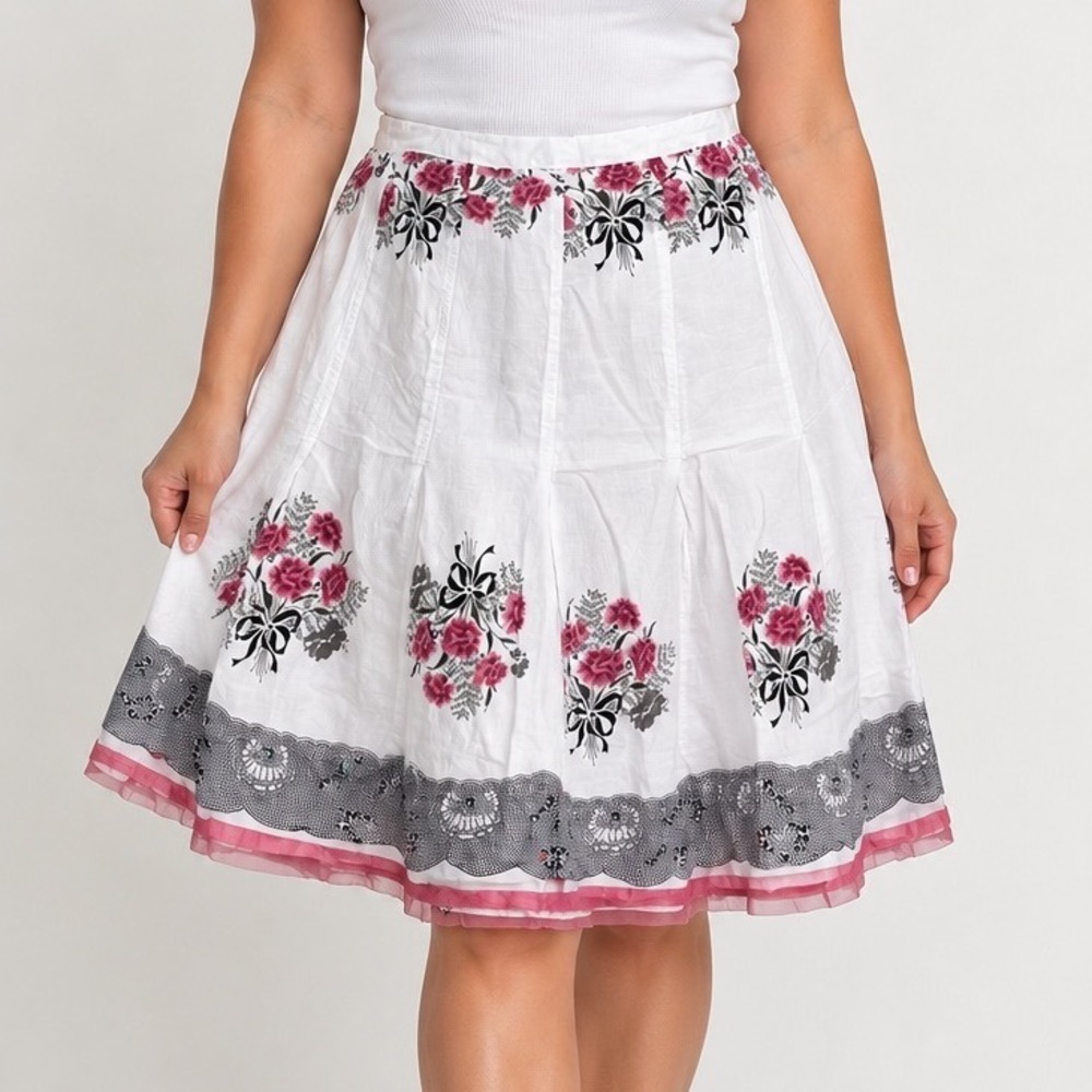 Relativity Size 12 White Floral Cotton Midi Skirt Cottagecore Romantic Boho
